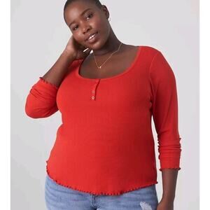Lane Bryant Red Long Sleeve Scoop Neck Henley Shirt Lettuce Hem